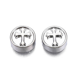 Brass Beads, Flat Round with Cross, Cadmium Free & Nickel Free & Lead Free