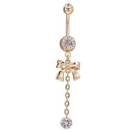 Piercing Jewelry Real 18K Gold Plated Brass Rhinestone Bowknot Navel Ring Belly Rings, 60x12mm