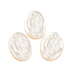 Religion Natural Sea Shell Cabochons, Oval with Engrave Virgin Mary