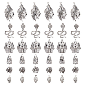 36Pcs 6 Style Tibetan Style Alloy Pendants, Egyptian Pharaoh & Native American Charm & Cobra, Cadmium Free & Lead Free