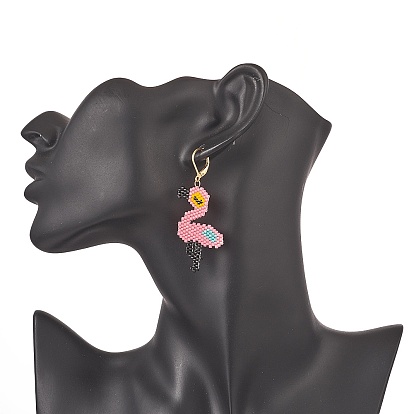 Glass Seed Braided Flamingo Dangle Leverback Earrings, Golden 304 Stainless Steel Long Drop Earrings for Women