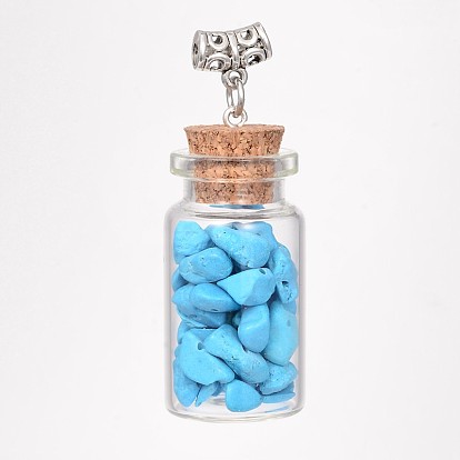 Glass Wishing Bottle Pendants, with Gemstone Chip Beads and Antique Silver Tone Alloy Tube Tube Bails, 44x21mm, Hole: 3mm