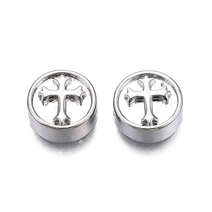 Brass Beads, Flat Round with Cross, Cadmium Free & Nickel Free & Lead Free