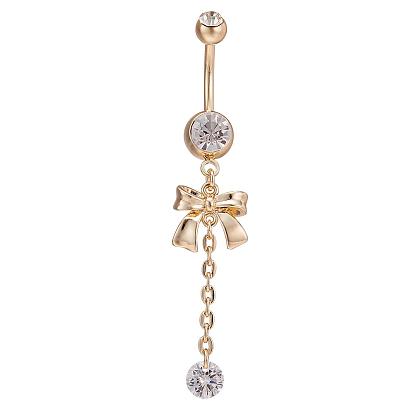 Piercing Jewelry Real 18K Gold Plated Brass Rhinestone Bowknot Navel Ring Belly Rings, 60x12mm