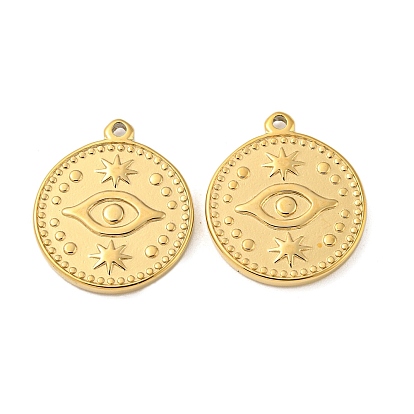304 Stainless Steel Pendants, Flat Round with Evil Eye Charm