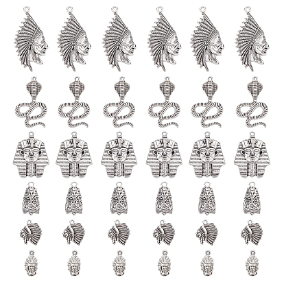 36Pcs 6 Style Tibetan Style Alloy Pendants, Egyptian Pharaoh & Native American Charm & Cobra, Cadmium Free & Lead Free