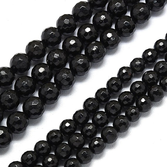 Натуральный черный турмалин бисер нитей, граненый (128 граней), круглые