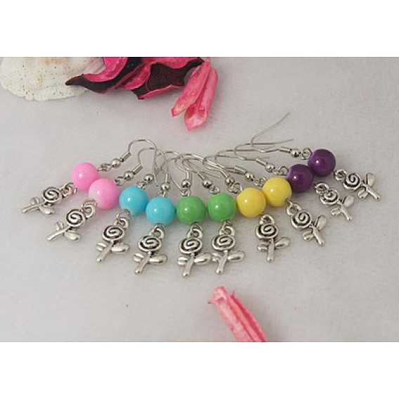 Fashion Flower Dangle Earrings, with Tibetan Style Pendants, Glass Beads and Brass Earring Hooks, 42mm