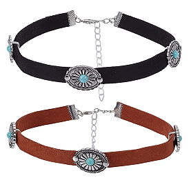 2шт. 2 цвета сплав паве синтетический бирюзовый овальный чокер из искусственной кожи для женщин, античное серебро