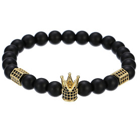 Fashionable Matte Black Beaded Bracelet with Micro-Inlaid Crown Hexagonal Cylinder - Accessories.