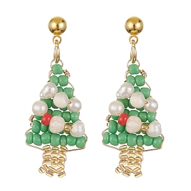 Boucles d'oreilles pendantes en forme d'arbre de Noël en perles de verre, bijoux en fil de laiton doré