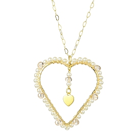 Glass & Plastic Imitation Pearl Love Heart Pendant Necklaces, Heart Link Chain Necklaces