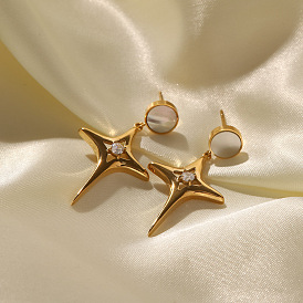 16K Gold Plated Stainless Steel Star Zirconia Hollowed White Shell Pendant Cross Earrings