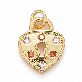 Rack Plating Brass Colorful Cubic Zirconia Pendants, Cadmium Free & Nickel Free & Lead Free, Long-Lasting Plated, with Jump Ring, Heart
