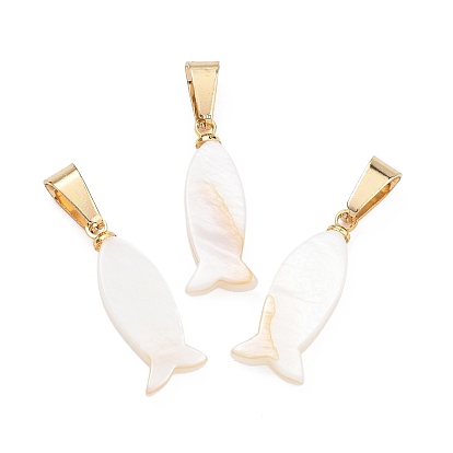 Подвески натурального морских раковин, Подвески в виде рыбок с защелкивающимися креплениями из нержавеющей стали., цвет морской раковины