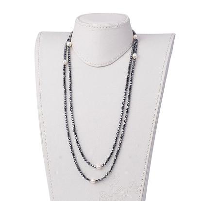 Non-Magnetic Synthetic Hematite Two-Tiered Necklaces, Layered Necklaces, with Shell Pearl