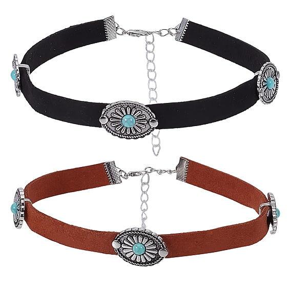 2шт. 2 цвета сплав паве синтетический бирюзовый овальный чокер из искусственной кожи для женщин, античное серебро