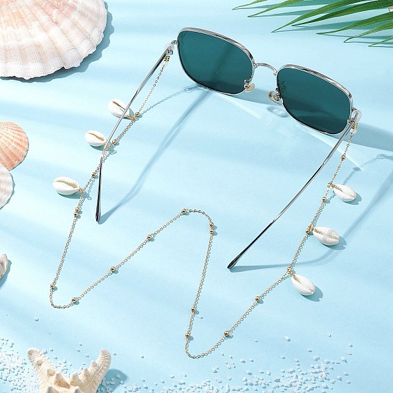 Латунный кабель цепочки для очков, с натуральными бусинами из ракушек каури и резиновыми петлями на концах