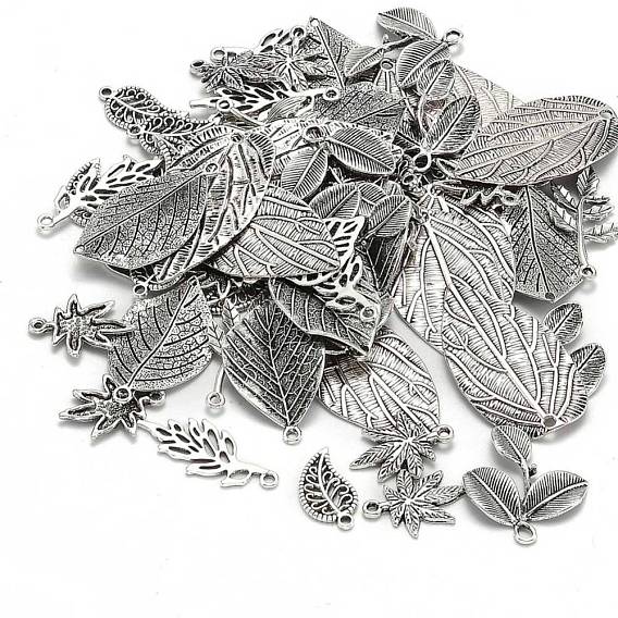Mixed Style Tibetan Style Alloy Leaf Pendants, 19~47x10~26x2~4mm, Hole: 2~4mm, about 50pcs/100g