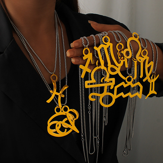 Панк-стиль 304 Подвески из нержавеющей стали с изображением двенадцати созвездий и цепочками из нержавеющей стали в форме коробки, реальный 18 k позолоченный