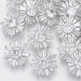 Brass Shank Buttons, with Micro Pave Cubic Zirconia, Flower, Clear