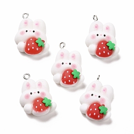 Resin Pendants, with Platinum Iron Findings, Cute, Rabbit with Strawberry