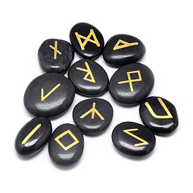 Perlas naturales de piedra negra, sin agujero / sin perforar, oval tallado con runas / futhark / futhorc