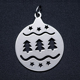 201 Stainless Steel Pendants, with Unsoldered Jump Rings, Flat Round with Christmas Tree