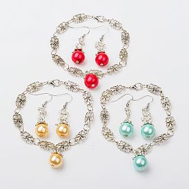 Perle en verre ensembles de bijoux: bracelets et boucles d'oreilles, avec des liens de style tibétain, fermoirs mousquetons en alliage et crochets de boucles d'oreilles en laiton, 210mm, 45mm