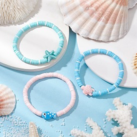 3Pcs 3 Styles Flat Round Handmade Polymer Clay Heishi Beaded Stretch Bracelets, Stackable Bracelets for Women, with Synthetic Turquoise Chip and Porcelain