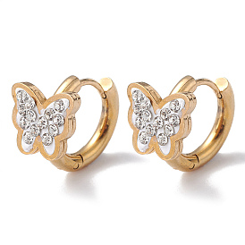 Crystal Rhinestone Butterfly Hoop Earrings, Vacuum Plating 202 Stainless Steel Earrings with 304 Stainless Steel Pins for Women