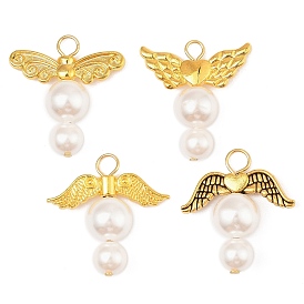 Shell Pearl Pendants, Angel Charms with Golden Tone Alloy Wings