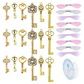 SUNNYCLUE Skeleton Key Charm DIY Jewelry Making Kit for Crafts Gifts, Including Alloy Pendants, Polyester Fabric Wings, Clear Elastic Crystal Thread