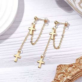 Brass Chains Long Dangle Stud Earrings for Women, 304 Stainless Steel Cross Pendants