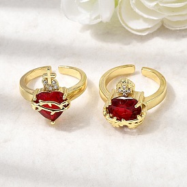 Открытые манжеты из латуни с микропаве и кубическим цирконием, со стеклом, сердце, долговечный, без кадмия и без свинца