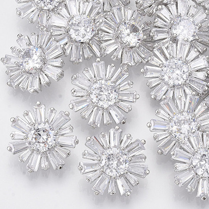 Brass Shank Buttons, with Micro Pave Cubic Zirconia, Flower, Clear