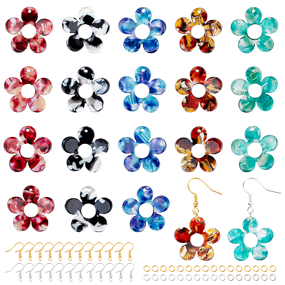 Kits de fabrication de boucles d'oreilles bricolage, 20pcs 5 pendentifs en acétate de cellulose (résine) de fleurs de couleurs, anneaux de saut en fer et crochets de boucle d'oreille