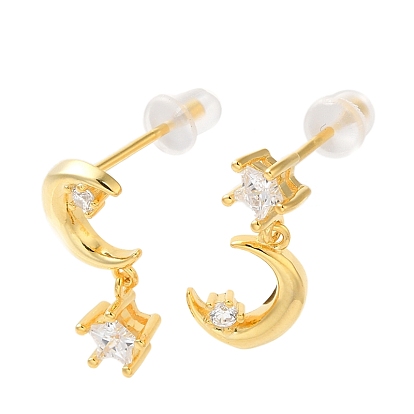 Sterling Silver Dangle Stud Earrings, Rhinestone Moon with Star Asymmetrical Earrings, with S925 Stamp