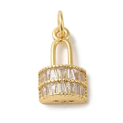 Brass Micro Pave Clear Cubic Zirconia Glass Pendants, Cadmium Free & Nickel Free & Lead Free, Lock