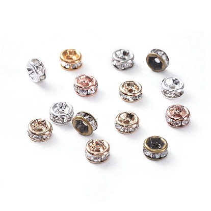 Brass Rhinestone Spacer Beads, Grade AAA, Straight Flange, Nickel Free, Mixed Metal Color, Rondelle