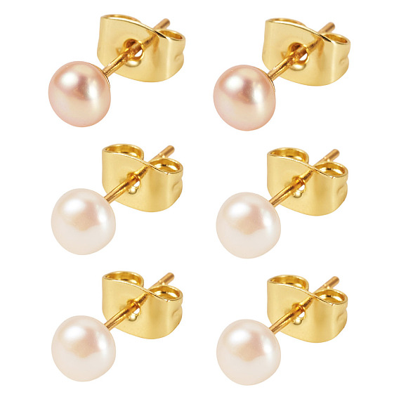 925 Sterling Silver Round Stud Earrings, with Natural Cultured Freshwater Pearl