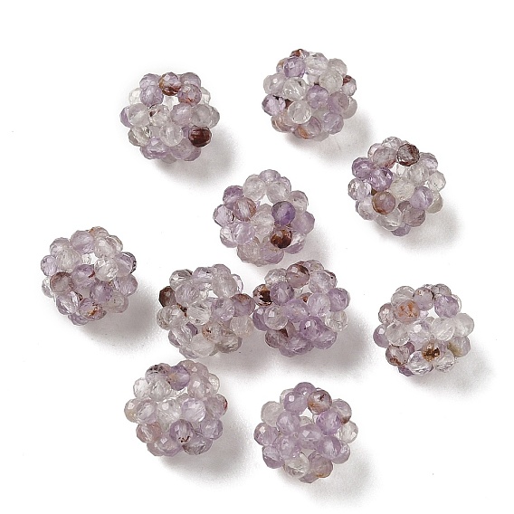 Natural Purple Phantom Quartz Purple Lodolite Quartz Woven Beads, Cluster Beads, Faceted, Round