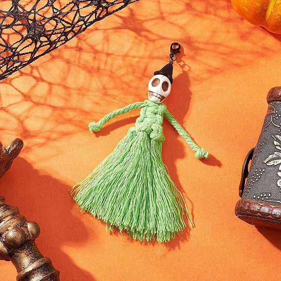 Хеллоуин хлопковые нитки кисточка и синтетический бирюзовый череп подвеска украшения, с карабин-лобстерами 