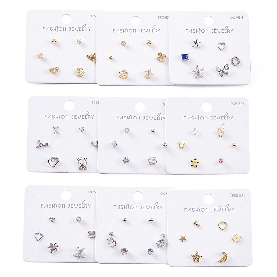 6 серьги-гвоздики из латуни с прозрачным цирконием, шт., с 925 штырями стерлингового серебра, разнообразные