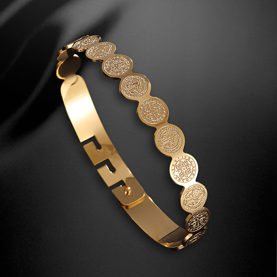 304 браслеты из нержавеющей стали для женщин, плоский круг с узором в виде святого и креста