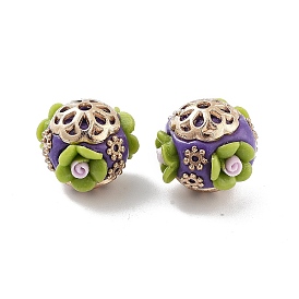 Handmade Indonesia Beads, with Alloy and Resin, Round with Flower, Golden