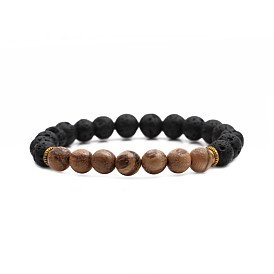 8mm Tiger Eye Lava Stone Beaded Bracelet for Men with Chicken Wing Wood, Matte Finish