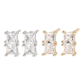 Brass Pave Clear Cubic Zirconia Rectangle Stud Earrings for Women