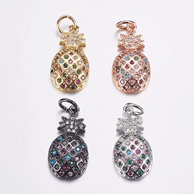 Brass Micro Pave Cubic Zirconia Pendants, Long-Lasting Plated, Pineapple