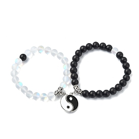 2Pcs 2 Color Synthetic Moonstone & Glass Round Beaded Stretch Bracelets Set, Magnetic Alloy Enamel Yin-yang Matching Couple Bracelets